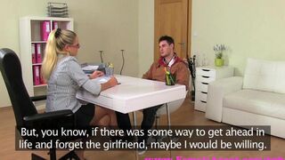 A blonde girl is fucking on the couch at her casting
