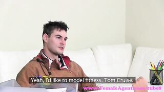 A blonde girl is fucking on the couch at her casting