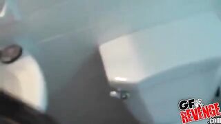 Girl sucks cock and swallows cum at home on the toilet