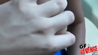 Girl sucks cock and swallows cum at home on the toilet