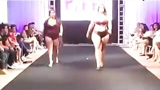 Fatty girls have runs in swimsuits in front of the camera