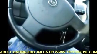 A blonde is having fun with taxi driver in the car