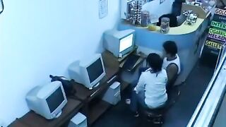A girl shows her wet pussy using a webcam in the internet cafe