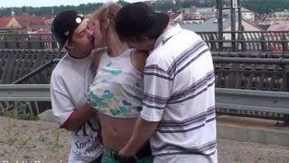 An amateur brunette girl has sex with two guys in this hot video