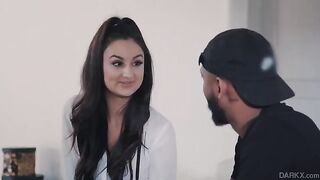 A young schoolgirl has fun with her teacher on the couch