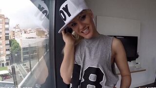 Bald guy picked up blondie, fucked her ass hard