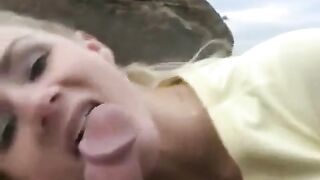 Cum on the face of a hot blondie in dessert