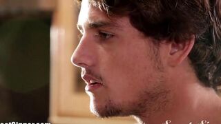 Brunette beauty fucks passionately on the bed and makes a stunning blowjob