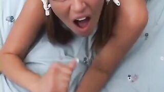 Standing boobs, smooth basket and slave mouth - the best standing blowjob