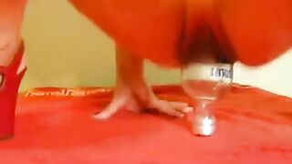 Fisting with a bottle and a huge dildo