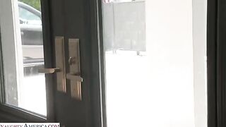 Skinny brunette takes a full member in her round and juicy ass hole