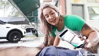 The girl is having sex with the mechanic after squitting