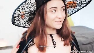 Lesbian beauties fucked by a guy in a costume on Halloween