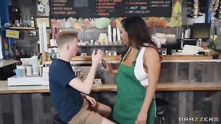 She has big tits and works as a barista in this hot video