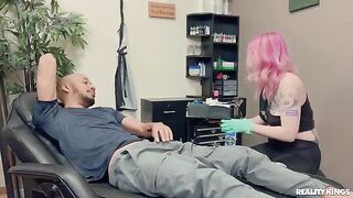 Black-haired beauty gets fucked by a guy with a tattoo