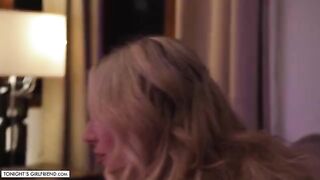 Busty blonde Kayley Gunner gives fan a foot job through stockings