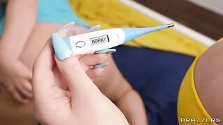 A girl with big natural boobs is confined to bed and craving action
