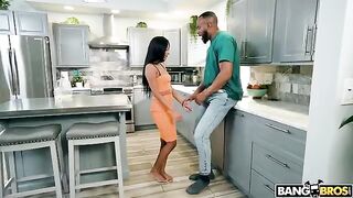A huge black cock in a narrow pussy hole in the kitchen