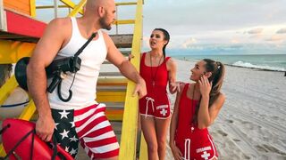 Two horny lifeguards fucked by a fortunate guy in an FFM threesome