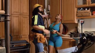 The girl is playing a role on the kitchen, she needs to have sex