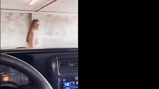 Redhead babe gets fucked in public garage, her orgasms audible