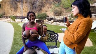Nude flashing on a bench turns into sex with a stranger in clothes