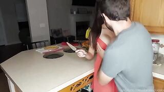 The hostess treats her guests to a culinary display, but first, they must milk her huge boobs