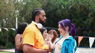 Sexual girls have fun on the open air, showcasing their small tits