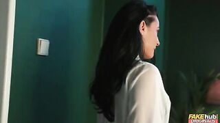 A guy with a boner is being treated by a sexy brunette, who loves to suck dick