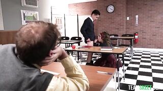 The student is having fun with his girlfriend on the table