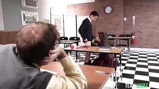 The student is having fun with his girlfriend on the table