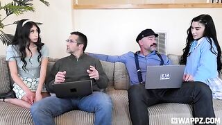 A group of cute girls threw a party for their stepdad on the couch