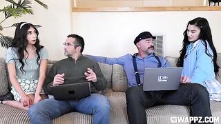 A group of cute girls threw a party for their stepdad on the couch