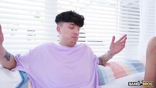 Two beautiful girls sharing a big cock and giving a blowjob