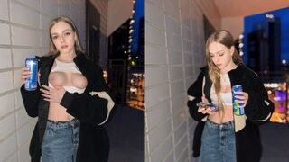 The cute girl showed more than her tits for the energy drink advertisement