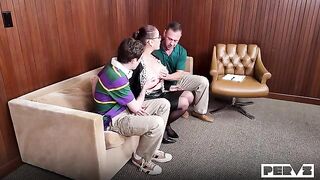 A hot chick got fucked on the couch by two guys