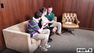 A hot chick got fucked on the couch by two guys