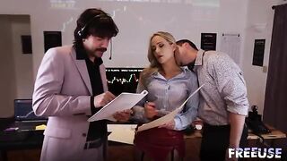 A whore for every trader! A hot threesome in the office, ending with a cumshot