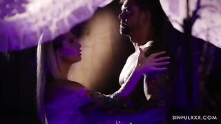 A guy is getting turned on by his girlfriend getting fucked in an FFM scene