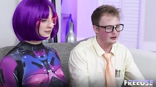 A cute alien girl got a passionate pussy licking on the couch, just like in a steamy scene