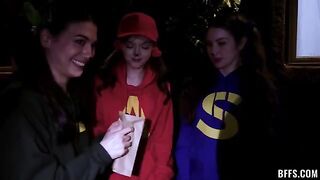 The guy is having sex with four girls at once on the couch