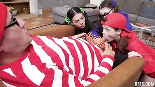 The guy is having sex with four girls at once on the couch