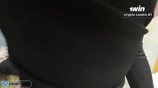 Busty woman got a cumshot on her leather skirt