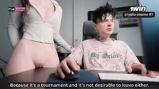 A girl rubs her pussy on the table and calls her boyfriend to come over