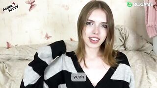 An almost naked girl is trying to please her hungry boyfriend