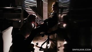 A passionate girl threw herself on her partner right on the table