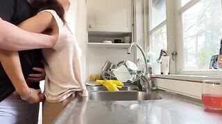 Hot mom seduced her husband in the kitchen and got fucked