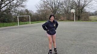 A cute petite girl risks sex in the woods and gets a cumshot
