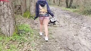 A cute petite girl risks sex in the woods and gets a cumshot