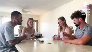 A couple engages in a card game with friends, leading to an unexpected and thrilling experience